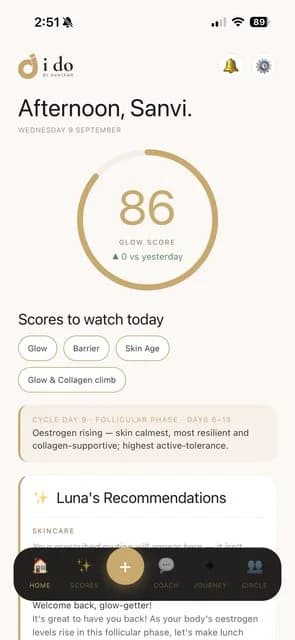 The i do app home screen showing today's Glow score