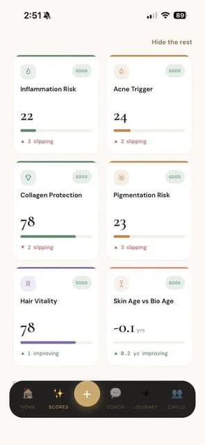 The i do app's eight skin scores screen